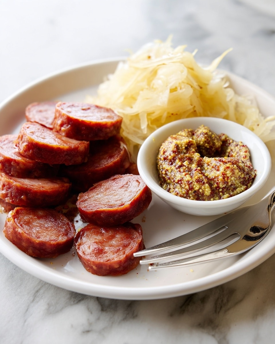 A white plate with three main parts: on the left side, there are many thick slices of browned, cooked sausage stacked loosely with a shiny, slightly oily surface; on the right side, there is a mound of light yellowish, shredded sauerkraut with a soft, moist texture; in the foreground, a small white bowl filled with grainy, whole grain mustard with yellow and brown seeds. A bit of mustard is spread on the plate near the sausage slices, and a silver fork rests on the lower right edge of the plate. The plate sits on a white marbled surface with soft natural lighting. Photo taken with an iphone --ar 4:5 --v 7
