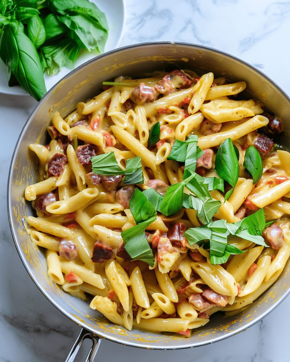 The image shows a close-up of a creamy pasta dish in a silver pan. The pasta, made of penne, is coated in a thick, light yellow cheese sauce. Mixed within the pasta are small pieces of dark red or purple cured meat and bits of red tomato. Fresh green basil leaves are scattered on top of the pasta, adding a bright contrast. The pan is placed on a white marbled surface, and a white plate with fresh basil leaves is partially visible in the background. Photo taken with an iphone --ar 4:5 --v 7