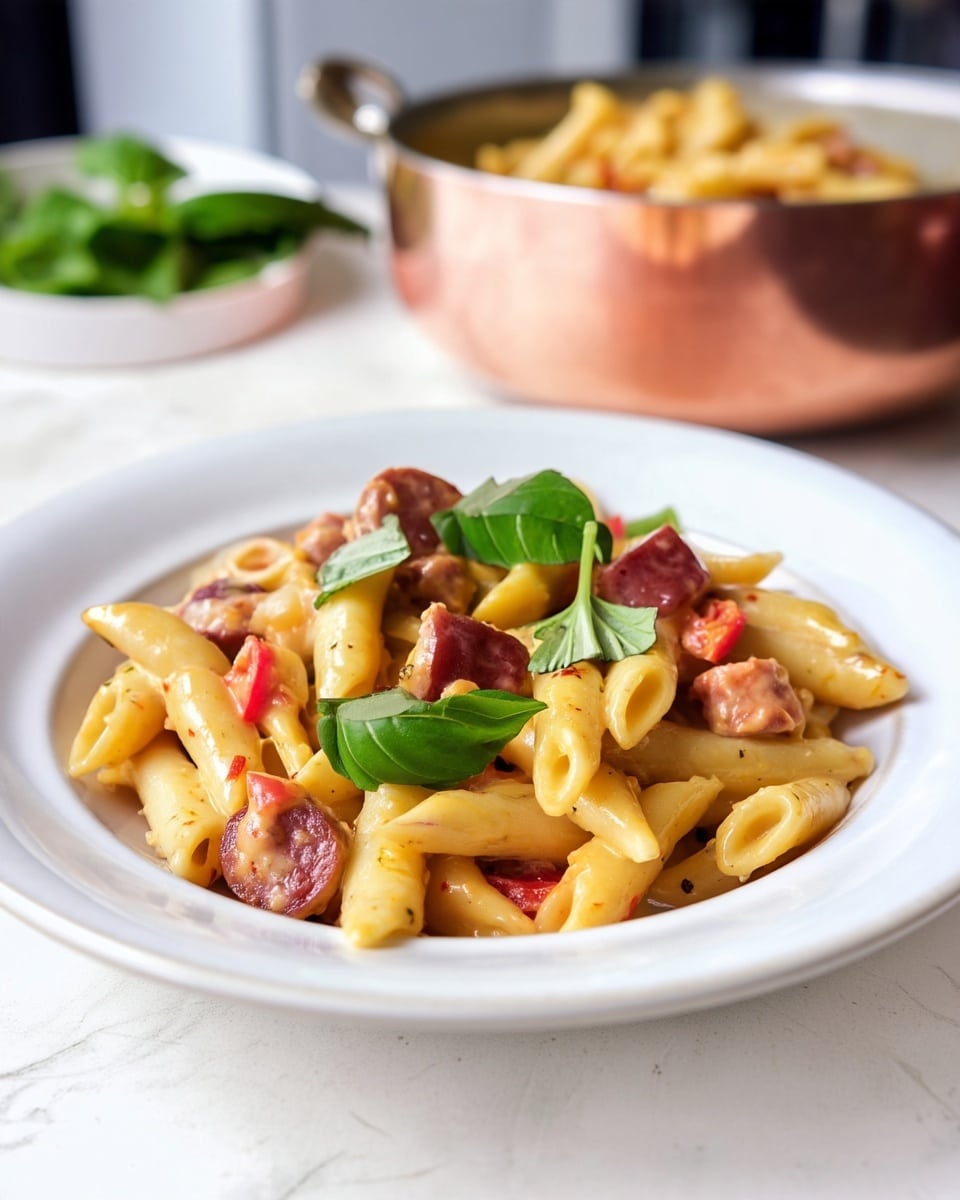 A white plate filled with creamy pasta made from small penne noodles coated in a light yellow cheese sauce, mixed with dark red sausage slices and bits of red bell pepper. Fresh green basil leaves are scattered on top, adding a pop of color. The plate sits on a white marbled surface, and in the background, a copper pot with more pasta can be seen blurred. photo taken with an iphone --ar 4:5 --v 7