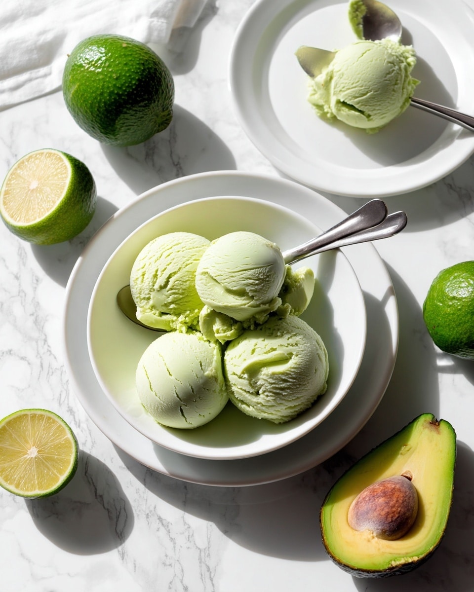 The image shows a white bowl filled with three scoops of pale green ice cream, placed on a white plate. The ice cream has a smooth and creamy texture with visible swirls. A spoon is resting inside the bowl, partially under one of the scoops. Nearby, there is a white plate with a single scoop of the same pale green ice cream on a silver ice cream scoop. Halved limes with light green skin and yellowish flesh are scattered around, along with a halved avocado on another white plate, showing its bright green flesh and large brown seed. The background is a white marbled surface with soft shadows. photo taken with an iphone --ar 4:5 --v 7