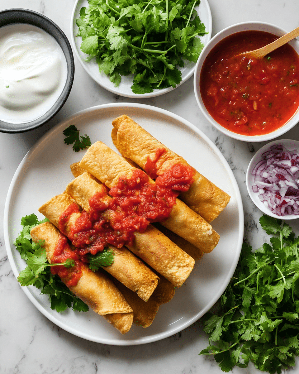 A white plate holds six golden brown rolled taquitos stacked in a slightly uneven pile. On top of the taquitos is chunky red salsa with visible tomato pieces, and fresh green cilantro leaves are sprinkled over them. To the left side of the plate is a small black bowl filled with smooth white sour cream. Nearby, a white bowl contains bright red salsa with a wooden spoon resting inside it. Another white plate in the top right corner has fresh green cilantro leaves spread across it and a small white bowl of finely diced purple onions. The setting is on a white marbled surface. Photo taken with an iphone --ar 4:5 --v 7