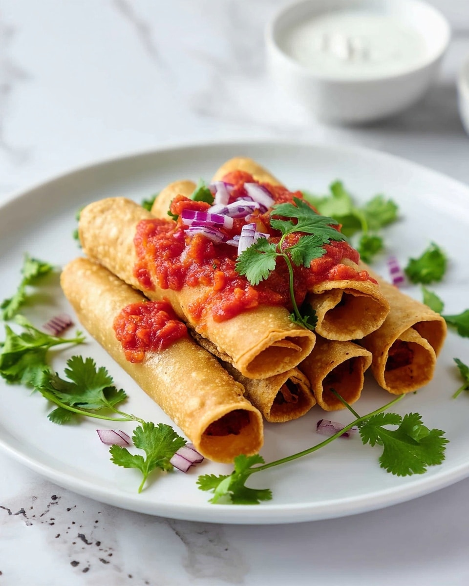 A white plate holds a stack of six rolled, golden-brown taquitos arranged in a slightly messy pile. On top of the taquitos, there is a red tomato salsa spread unevenly across the middle and garnished with small pieces of chopped purple onion and fresh green cilantro leaves. Around the plate, loose cilantro leaves add color and texture. In the background, a small white bowl of smooth white dipping sauce appears partially visible. The whole scene is set on a white marbled surface, giving a clean and bright look. Photo taken with an iphone --ar 4:5 --v 7