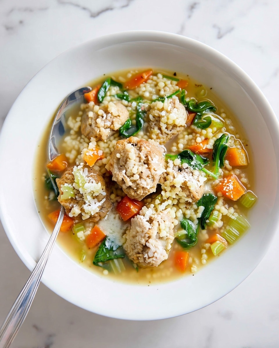 A white bowl holds a warm soup with several layers. The base layer is a clear, light yellow broth. On top of this, there are small, round beige couscous grains spread evenly. Mixed in are bright orange carrot cubes and light green celery pieces. Green spinach leaves add fresh color, scattered around the bowl. Sitting on the top layer are five light brown, crumbly meatballs dusted with white grated cheese. A silver spoon rests inside the bowl on the left side. The bowl is placed on a white marbled surface. photo taken with an iphone --ar 4:5 --v 7