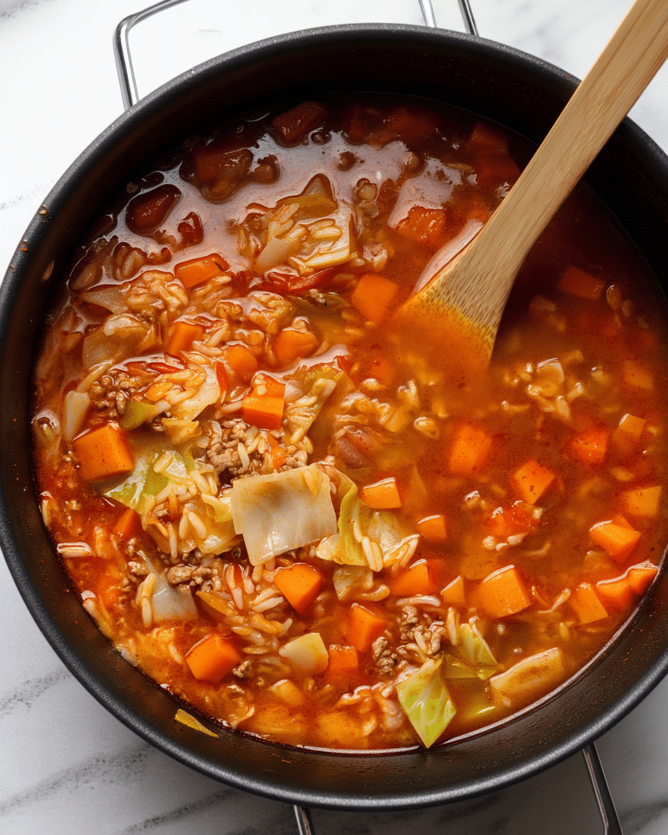 A close-up view of a black cooking pot filled with a thick soup showing three main layers: a reddish-orange broth with a shiny, slightly oily surface; chunks of tender orange carrots and light green cabbage pieces floating through the soup; and small bits of cooked ground meat mixed with white rice scattered throughout, creating a mixed texture. A light wooden spoon is partially submerged on the right side, stirring the soup, all placed on a white marbled surface. photo taken with an iphone --ar 4:5 --v 7