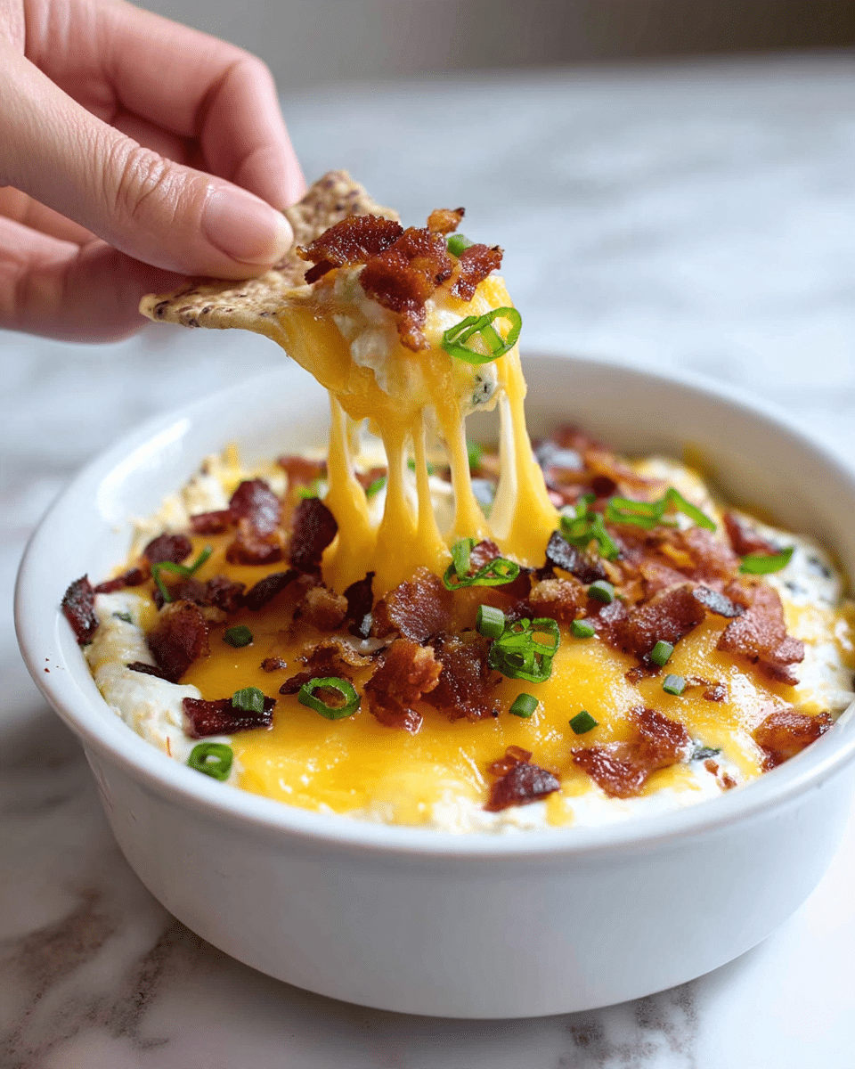 A close-up of a white bowl filled with a creamy, layered dip. The bottom layer is white and soft, likely cream cheese or sour cream mixed with herbs. Above that, there is a thick layer of melted yellow cheddar cheese that looks gooey and rich. Scattered on top are small, crispy bits of reddish-brown bacon and bright green chopped scallions. A woman's hand is holding a chip dipped into the mixture, lifting a portion that stretches the melted cheese in a thick, stretchy pull. The bowl sits on a surface with a white marbled texture. photo taken with an iphone --ar 4:5 --v 7
