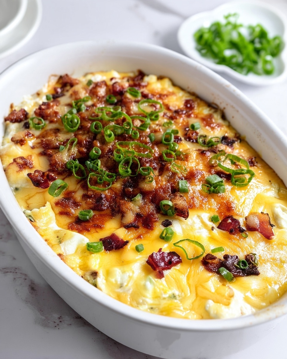 A white oval dish filled with a hot baked casserole showing three visible layers: the bottom layer is creamy white, the middle layer has golden melted cheese covering it, and the top layer is sprinkled with small pieces of browned bacon and chopped green onions scattered evenly. The dish sits on a white marbled surface with a small white plate of extra chopped green onions in the background. The melted cheese layer appears smooth and shiny with some browned spots. photo taken with an iphone --ar 4:5 --v 7