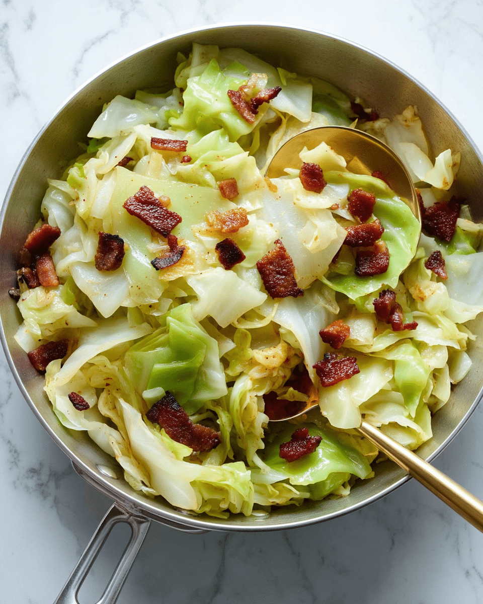 The image shows a pan filled with cooked cabbage that has soft, light green and pale yellow layers, mixed with small pieces of crispy, dark brown bacon scattered throughout. A golden spoon is resting in the pan, partially covered by the cabbage layers, which appear tender and slightly shiny from cooking. The pan has a metallic handle and sits on a white marbled surface. The overall look is warm and inviting, with a mix of soft textures from the cabbage and crispy bits from the bacon photo taken with an iphone --ar 4:5 --v 7