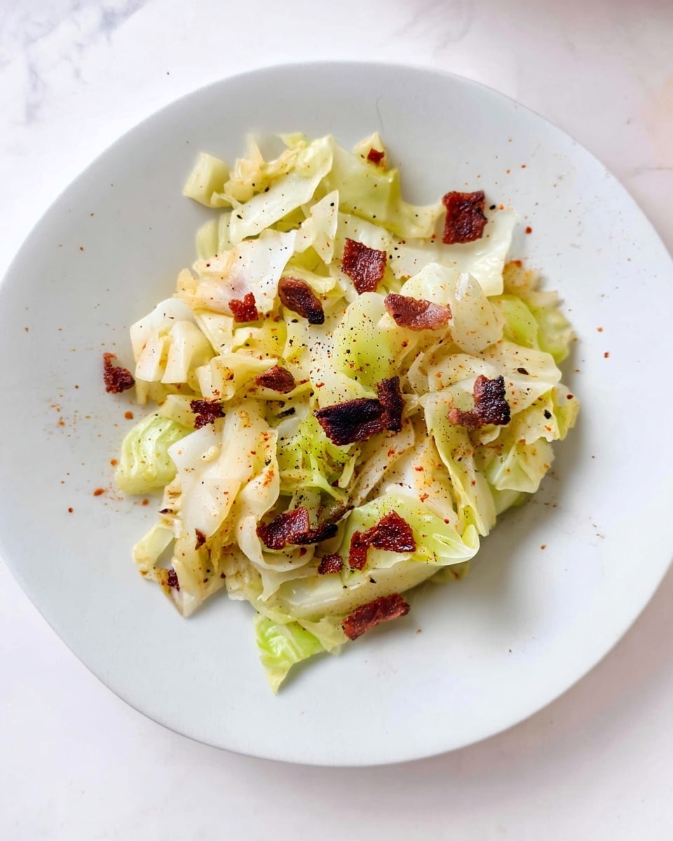 A white plate with a simple serving of cooked cabbage pieces, showing light green and pale yellow colors with soft, slightly wilted textures. Scattered on top are small, crispy dark brown bacon bits adding a crunchy contrast. The cabbage is sprinkled with a light dusting of reddish seasoning and some black pepper, adding specks of color on and around the dish. The plate rests on a surface with a white marbled texture. photo taken with an iphone --ar 4:5 --v 7
