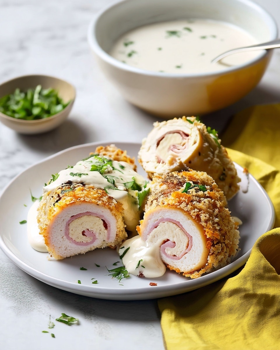 Three chicken rolls cut in half are on a white plate, each roll showing the golden crumbed outer layer with a crispy texture, then a layer of moist, light beige chicken, and a spiral of pink ham inside. A thick cream sauce, smooth and white, is drizzled over the top of each roll, sprinkled with green chopped herbs. Behind the plate is a large white bowl with more white sauce and a spoon, and a small bowl with green herbs. The scene is set on a white marbled surface with a yellow cloth napkin to the right. photo taken with an iphone --ar 4:5 --v 7