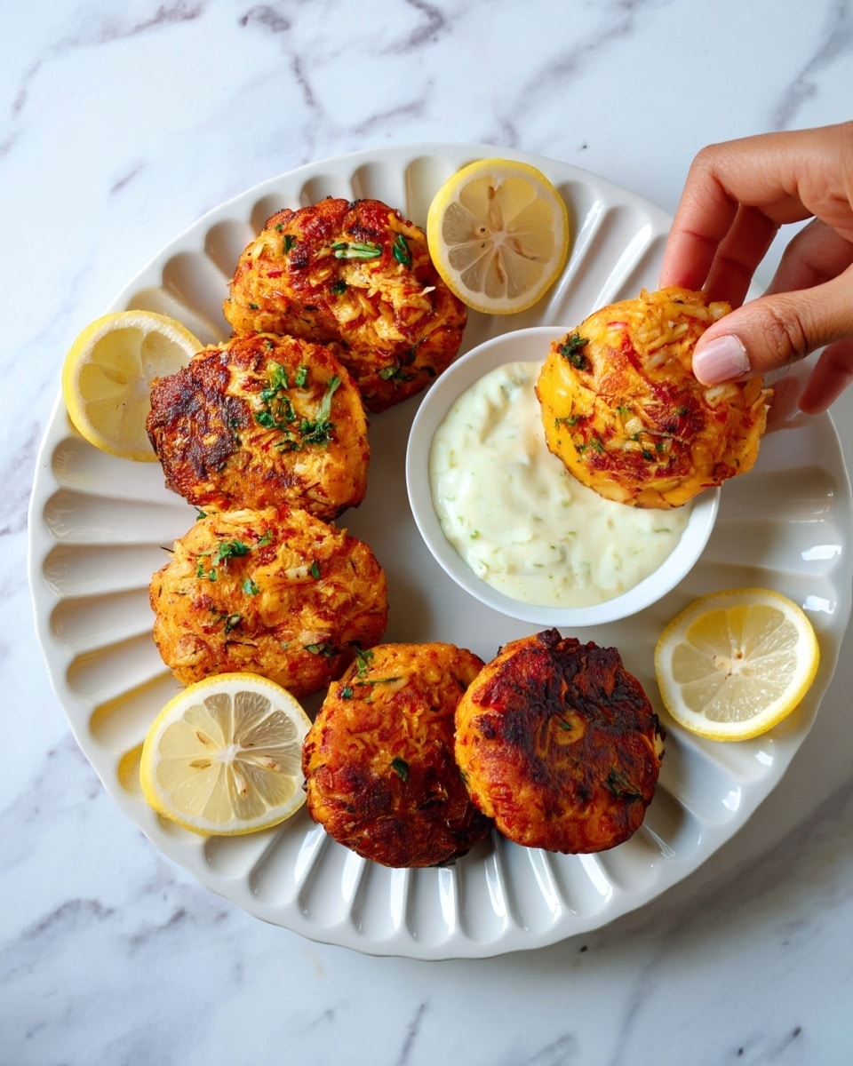 A white fluted plate holds six golden-brown crab cakes with crispy edges, their surface textured with visible shredded crab and bits of red and green herbs. Three lemon wedges with pale yellow flesh and bright rind sit around the crab cakes. To the right side of the plate, a small white bowl contains creamy white sauce with flecks of green herbs. A woman's hand is dipping one crab cake into the sauce, holding it between thumb and forefinger. The scene is set on a white marbled surface. photo taken with an iphone --ar 4:5 --v 7