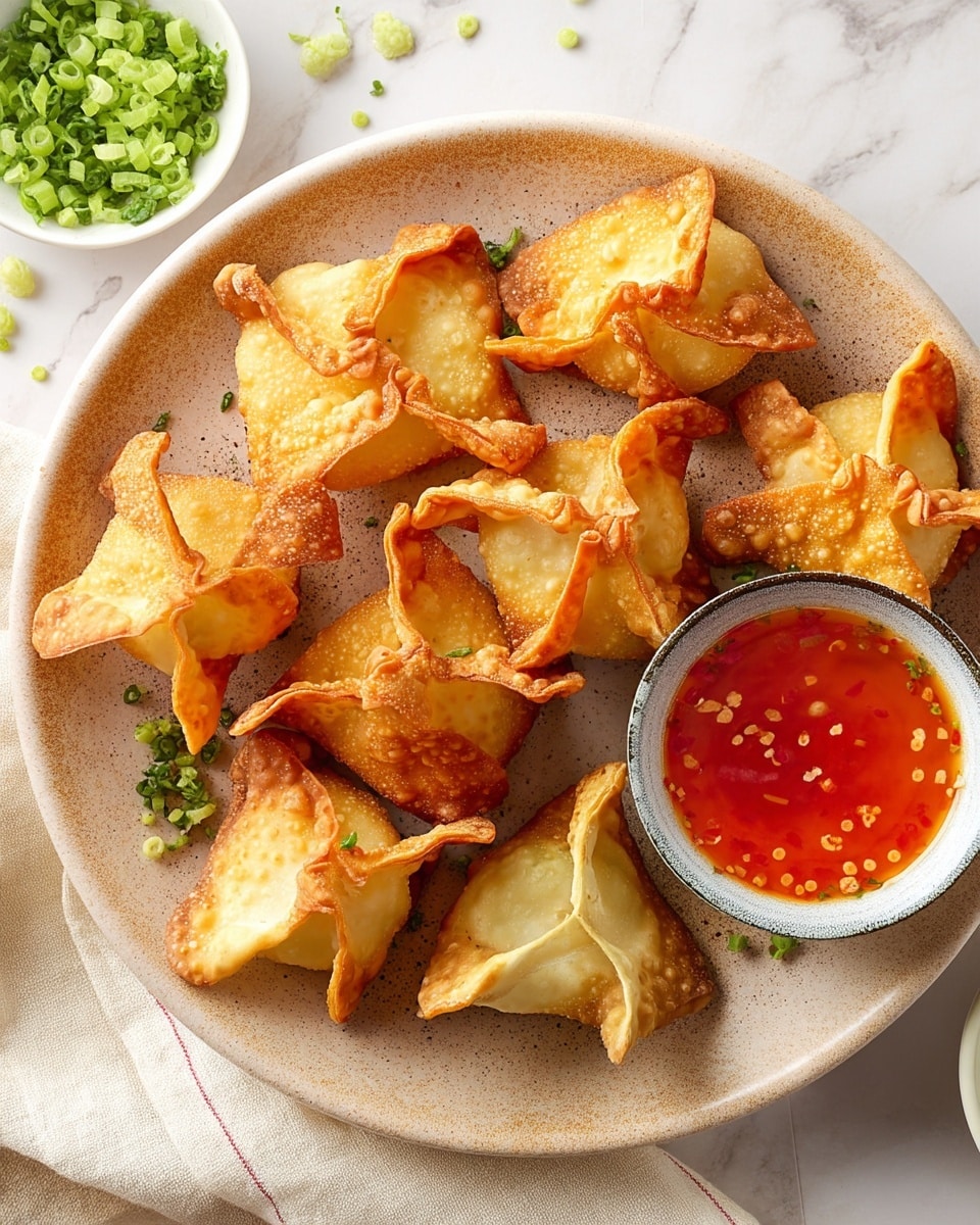 A beige plate holds a pile of golden-brown fried wontons with crisp, bubbly edges, each shaped with four pointed corners meeting at the center. The wontons fill the plate mostly from the middle to the right side. In the bottom right corner of the plate sits a small white bowl filled with a bright orange-red sweet chili dipping sauce showing small chili flakes inside. Small green chopped scallions are scattered over and around the wontons and on the plate near the top left edge. Above the plate is a small white bowl with more chopped scallions resting on a white marbled surface, along with a beige cloth napkin draped slightly underneath the plate. photo taken with an iphone --ar 4:5 --v 7