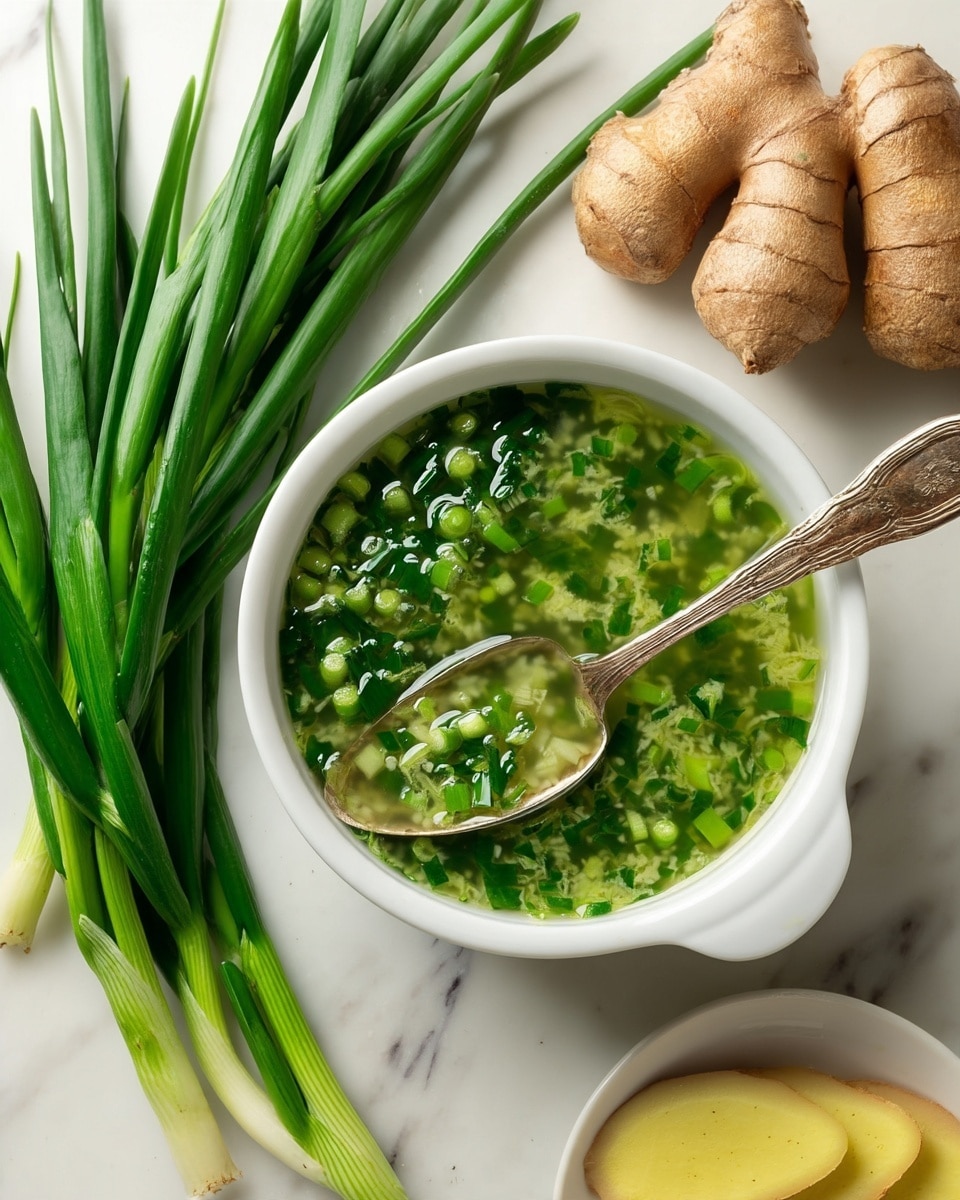 A white bowl filled with a green soup consisting of finely chopped green onions and other herbs floating in a clear, light green broth; an antique silver spoon sits in the bowl, resting against the side with some soup on it. To the left, fresh green onions lie diagonally on a white marbled surface, and in the top left corner, a piece of ginger root is shown with one end sliced to reveal a light yellow interior. In the bottom right corner, partially visible, are additional ginger slices on a white plate. The overall setting is bright with a clean, white marbled background. photo taken with an iphone --ar 4:5 --v 7