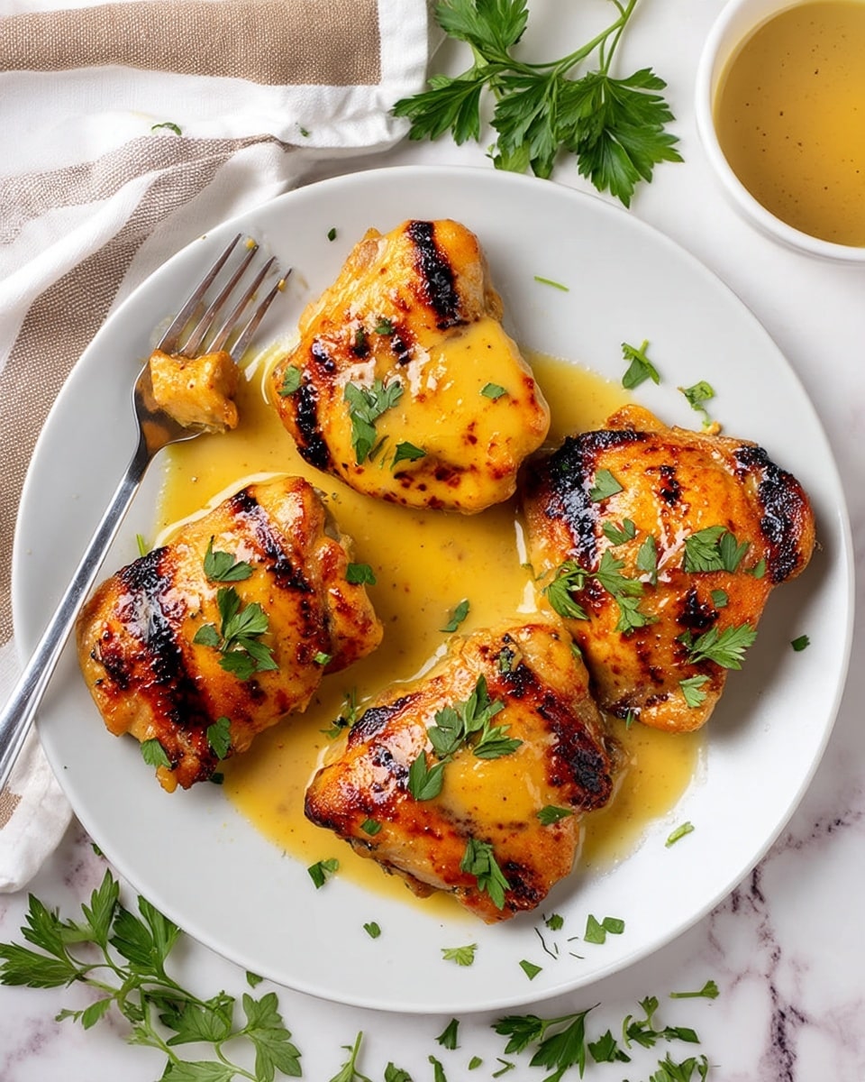 The image shows four pieces of golden brown grilled chicken thighs arranged on a white plate. Each piece is coated with a shiny, light yellow honey mustard sauce that pools slightly around the chicken. The chicken has a mix of smooth and charred textures, with some darker grill marks visible on the edges. Small green flat parsley leaves are sprinkled on top and around the chicken, adding a fresh color contrast. A silver fork is placed on the upper left side of the plate with a small piece of chicken near it. The plate rests on a white marbled surface with scattered parsley leaves, a beige and white striped cloth, and a small white bowl containing more sauce visible in the top right corner. Photo taken with an iphone --ar 4:5 --v 7