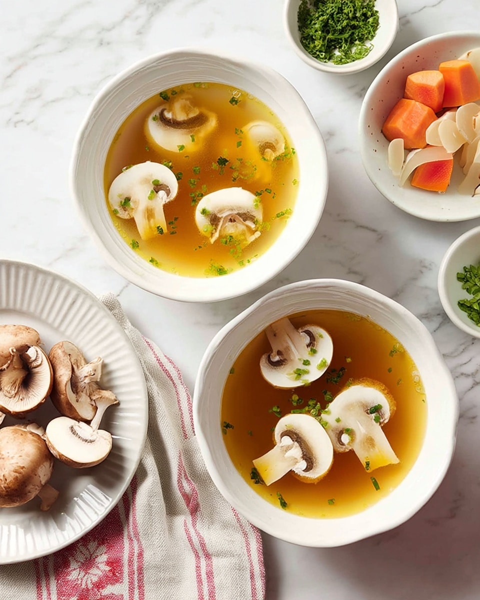 Two white bowls each contain a light golden-clear broth with thinly sliced white mushrooms floating on top, garnished with finely chopped green herbs. One bowl is centered lower in the image and the other is near the top left. Around the bowls on a white marbled surface, a white bowl on the upper right holds chunks of orange and white root vegetables, while a smaller white bowl next to it contains more green herbs. At the bottom left, a white fluted plate has more sliced raw mushrooms. A beige cloth with red stripes is placed near the lower left bowl. The overall look is fresh and simple with soft natural light. photo taken with an iphone --ar 4:5 --v 7