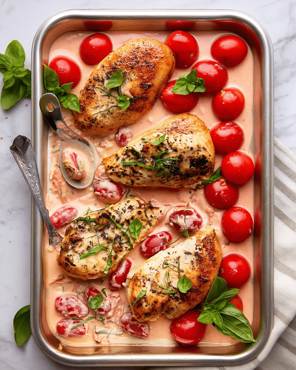 The image shows three browned chicken breasts placed on a shiny silver tray, each piece seasoned with black pepper and garnished with fresh green basil leaves. Surrounding the chicken are numerous bright red grape tomatoes, partially coated in a creamy light pink sauce with a thick and slightly chunky texture. The sauce spreads evenly across the tray, creating a soft, smooth bed for the chicken and tomatoes. A silver spoon on the left side holds some sauce and a grape tomato, adding a sense of depth to the image. The tray sits on a white marbled surface, and part of a white and beige striped cloth is visible in the bottom right corner. Photo taken with an iphone --ar 4:5 --v 7