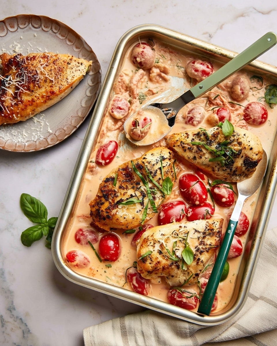 A rectangular metal tray holds three pieces of grilled chicken breast, browned with black pepper and herbs, sitting on a creamy sauce mixed with whole and halved bright red cherry tomatoes and visible shreds of cheese and green basil strips scattered on top. A spoon with a green handle scoops up some of the sauce with tomatoes. To the left, there is a small portion of grilled chicken on a white plate with a patterned edge, all placed on a white marbled surface with a beige cloth napkin folded nearby. Photo taken with an iphone --ar 4:5 --v 7
