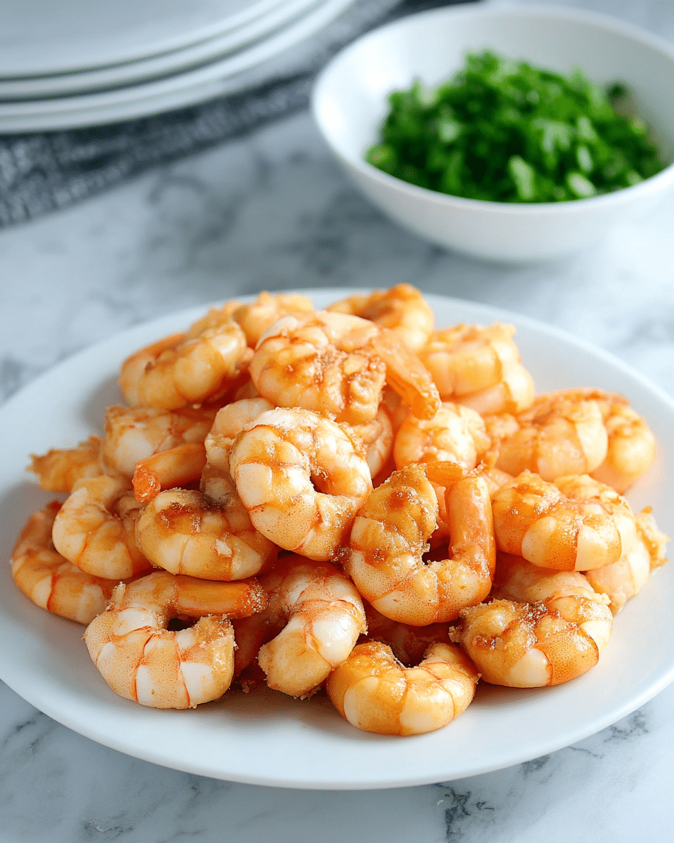 A white round plate holds one layer of cooked shrimp piled neatly, each shrimp showing a light orange and slightly glossy texture with visible segment lines and some brown seasoning bits. In the blurred background, there is a small white bowl filled with chopped green herbs, sitting on a white marbled surface. The image has bright natural light that highlights the textures of the shrimp and herbs. photo taken with an iphone --ar 4:5 --v 7