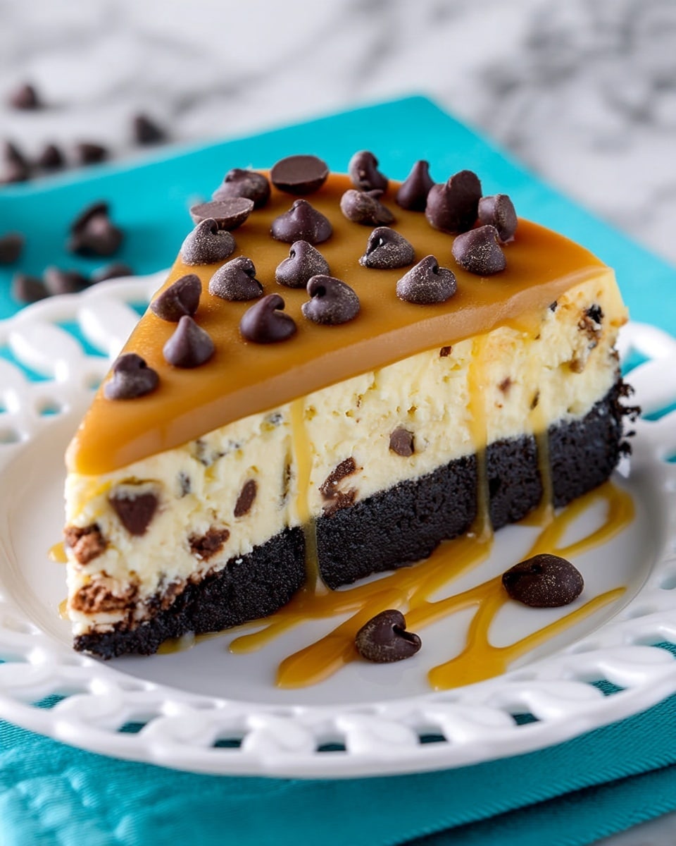 A slice of cheesecake is shown with three distinct layers: the bottom layer is a dark, crumbly crust that looks like crushed cookies; the middle layer is thick, creamy, and light yellow with many small dark chocolate chips mixed inside; the top layer is smooth and glossy caramel-colored topping sprinkled with dark chocolate chips. The slice is served on a white plate with a patterned edge, which sits on a bright turquoise cloth over a white marbled surface. Drizzles of caramel sauce and a few scattered chocolate chips decorate the plate around the cheesecake. Photo taken with an iphone --ar 4:5 --v 7