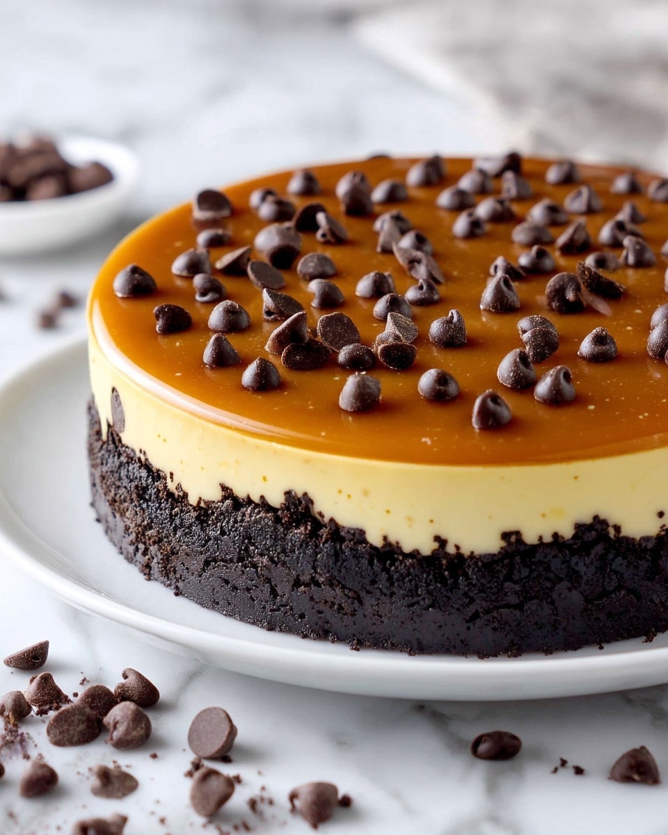 A three-layer dessert with a dark crumbly chocolate crust at the bottom, followed by a smooth creamy pale yellow middle layer, topped with a thick, glossy caramel layer sprinkled evenly with dark chocolate chips. The dessert is placed on a white plate, set on a white marbled surface, with some loose chocolate chips scattered around. Photo taken with an iphone --ar 4:5 --v 7