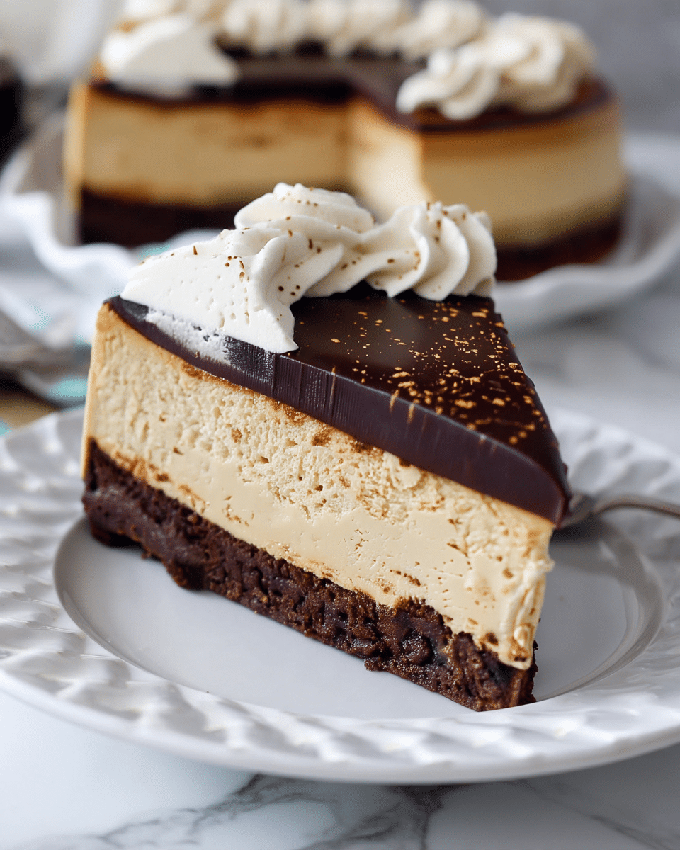 A slice of three-layered cake sits on a white plate with a delicate pattern, placed on a white marbled surface. The bottom layer is dark, crumbly, and looks like a chocolate crust. The middle layer is thick and creamy with a light tan color, while the top layer is a smooth, shiny dark chocolate ganache sprinkled with small specks of cocoa powder. On top of the slice are two swirls of white whipped cream, adding a soft texture contrast. The background shows a blurred portion of the whole cake with similar layers. photo taken with an iphone --ar 4:5 --v 7