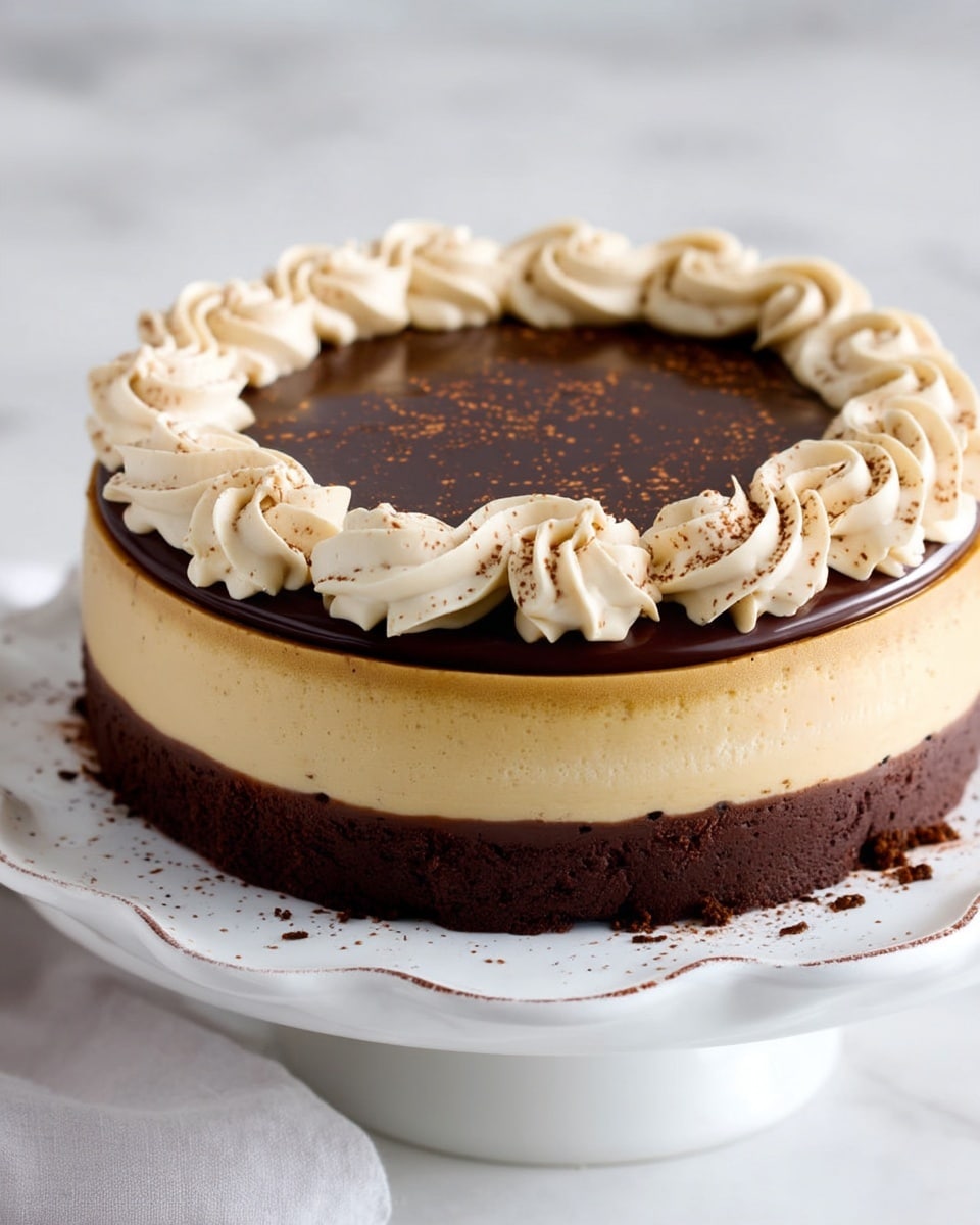 A round cheesecake with three clear layers is shown on a white cake stand placed on a white marbled surface. The bottom layer is dark brown and crumbly, the middle layer is thick and creamy beige, and the top layer is smooth, shiny dark chocolate spread evenly. The cake is decorated with a ring of pale beige piped cream swirls around the edge, dusted lightly with cocoa powder. Photo taken with an iphone --ar 4:5 --v 7