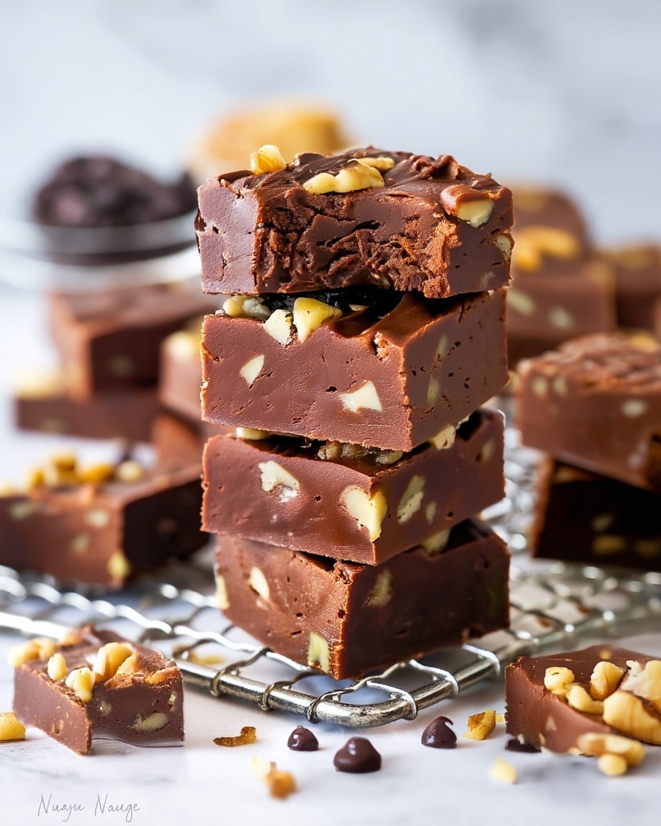 A close-up of a stack of four thick chocolate fudge squares with visible nut pieces inside, each square showing a smooth and dense texture; the top square has a bite taken out of it and walnut pieces on top, adding a rough texture contrast. The fudge is placed on a silver cooling rack with more fudge squares scattered around. The background is a white marbled surface with a soft blur, making the rich brown fudge and light beige walnuts stand out clearly. Photo taken with an iphone --ar 4:5 --v 7