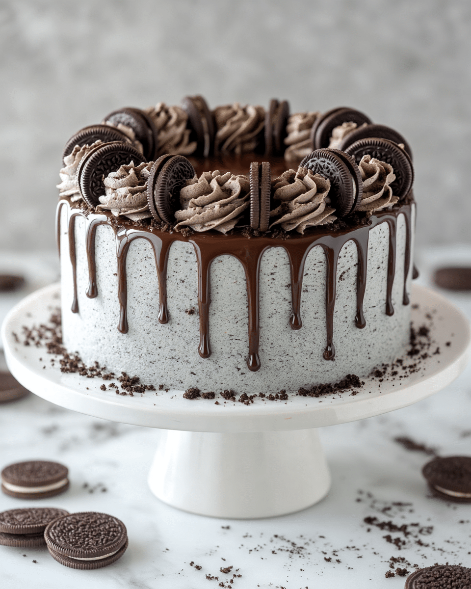 This is a tall layered cake covered in light brown, speckled cream frosting. The top edge is decorated with dark chocolate drips running down the sides. On top, there is a ring of alternating swirls of cookies and cream frosting and whole chocolate sandwich cookies, each cookie placed vertically between two swirls. The very center of the top is smooth with a shiny, dark chocolate glaze with a spiral pattern. The cake sits on a silver cake stand with white marbled texture below. Photo taken with an iphone --ar 4:5 --v 7