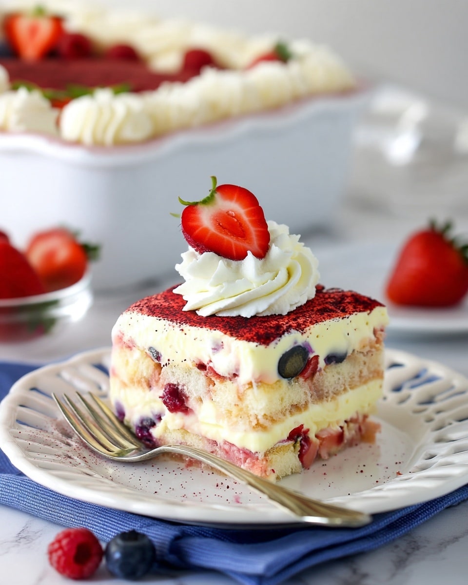 A rectangular dessert with three main layers: the bottom layer is smooth and reddish brown, the middle layer is a fine red powder dusted evenly over the surface, and the top layer is made of white whipped cream piped into large rosettes around the edges. Fresh strawberries sliced in half, whole blueberries, and whole raspberries are placed between the cream rosettes all around the border. The dessert is set on a white dish, and the background is a white marbled texture with scattered strawberries and blueberries nearby. photo taken with an iphone --ar 4:5 --v 7