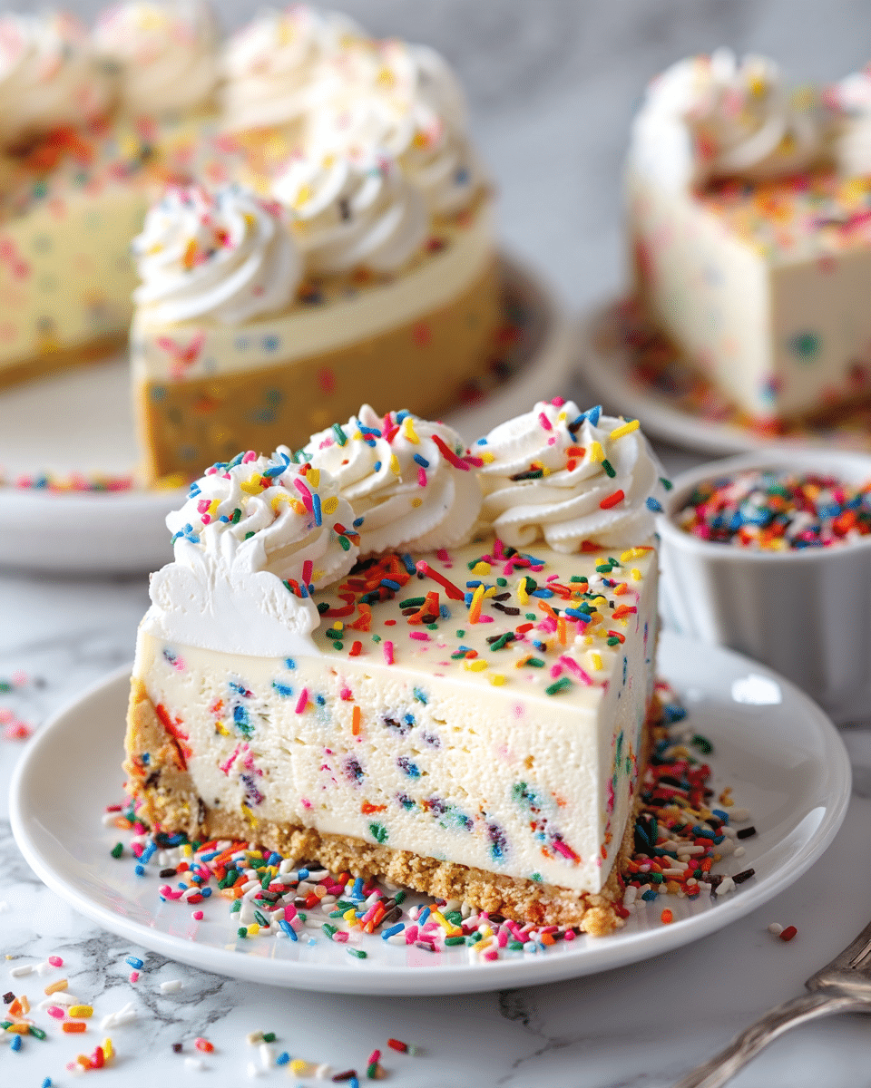 A close-up of a slice of funfetti cheesecake on a white plate with a crumbly golden crust at the bottom, a thick and creamy white cheesecake layer with colorful sprinkles inside, and two swirls of white whipped cream on top, also decorated with the same bright, multi-colored sprinkles. The plate sits on a red woven cloth with pom-pom edges, and in the background, there is a blurred full cheesecake and a small white bowl filled with sprinkles, all on a white marbled surface. photo taken with an iphone --ar 4:5 --v 7
