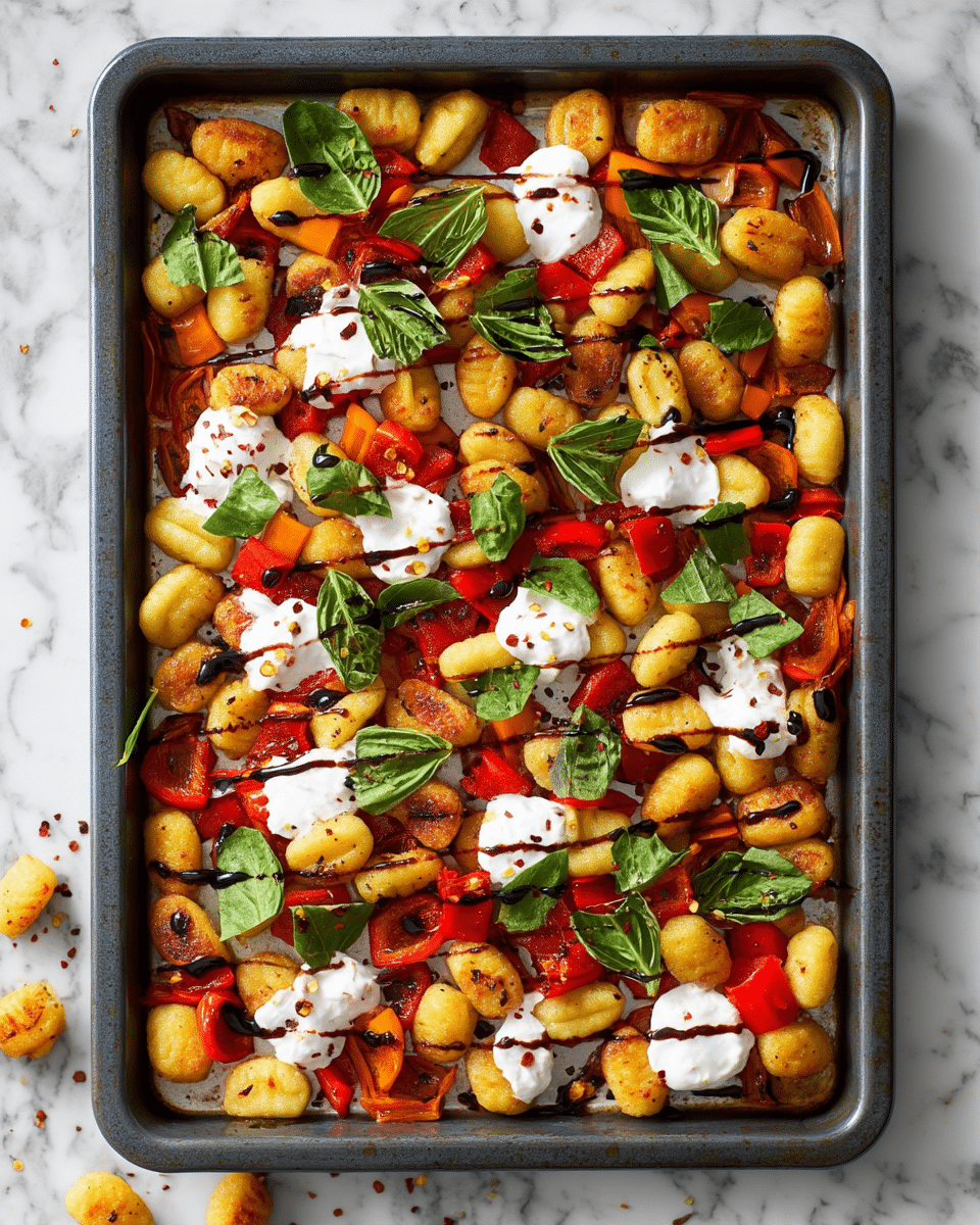 This image shows a baking tray filled with golden-brown gnocchi pieces that have a slightly crispy texture. Mixed throughout are roasted red and orange bell pepper chunks, adding bright color and a soft, slightly charred look. Dollops of white creamy sauce are scattered evenly on top, with dark balsamic glaze drizzled over the whole dish. Fresh green basil leaves are spread across the tray, giving a vibrant touch, and some chili flakes are sprinkled on the sauce, adding a hint of red spice. The tray sits on a white marbled surface with a few gnocchi pieces fallen nearby. photo taken with an iphone --ar 4:5 --v 7
