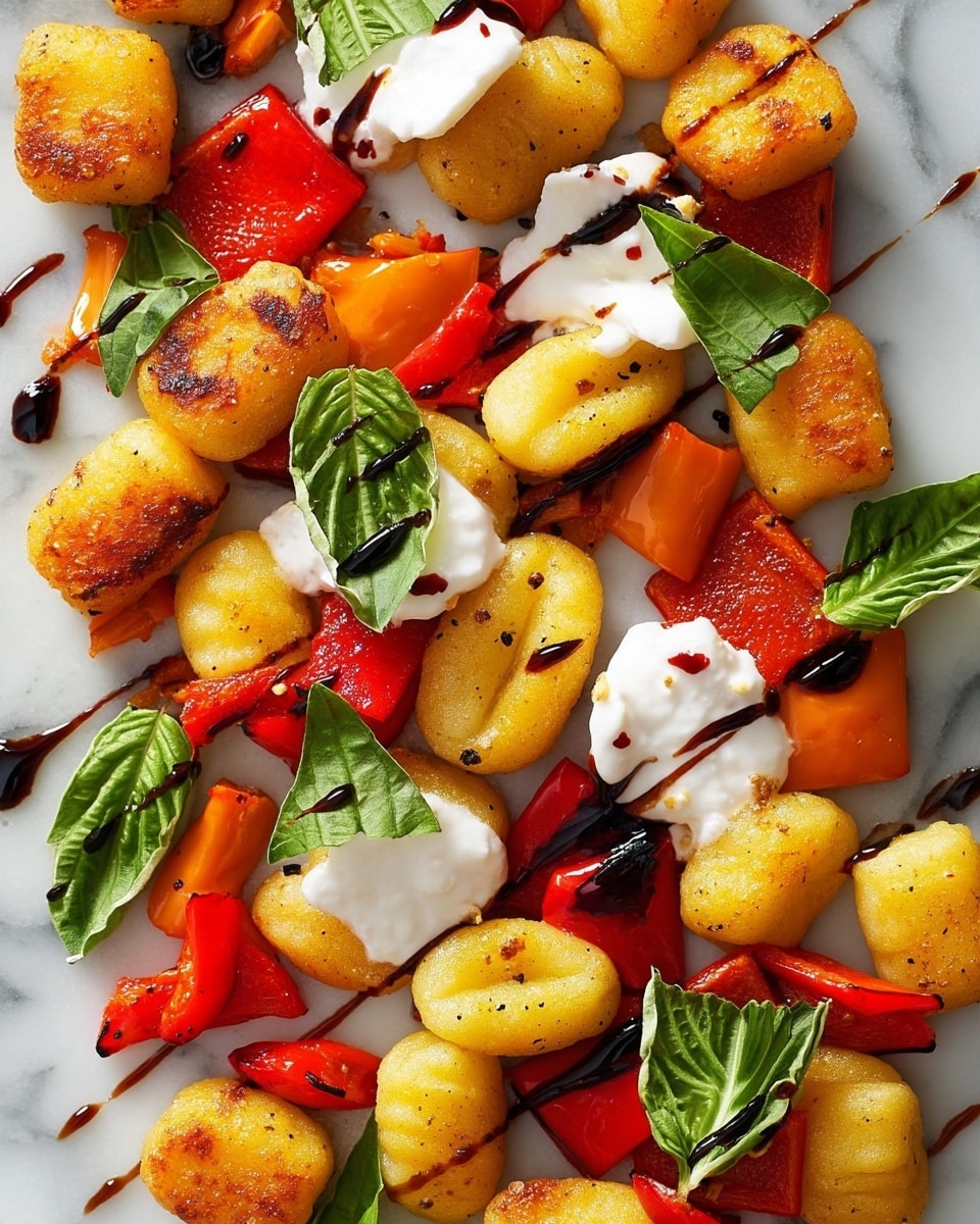This close-up image shows a single-layer dish consisting of golden-brown, pan-fried gnocchi pieces scattered across a white marbled surface. Interspersed among the gnocchi are roasted chunks of red and orange bell peppers, adding vibrant color and a slight char texture. Small dollops of creamy white cheese are placed over some gnocchi, topped with fresh green basil leaves. Thin, dark drizzles of balsamic glaze run across the gnocchi, cheese, and peppers, creating a rich contrast and glossy finish. The overall look is warm, colorful, and fresh. photo taken with an iphone --ar 4:5 --v 7
