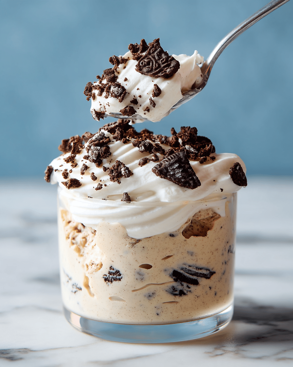 A clear glass dessert cup holds creamy light brown ice cream with tiny dark bits mixed in, forming the base layer. On top of the ice cream is a thick dollop of smooth white whipped cream, creating a fluffy layer. Scattered over both the whipped cream and ice cream are dark brown crushed cookie pieces, adding texture and contrast. A spoon lifts a scoop of the ice cream and whipped cream with cookie pieces visible on it. The setting is a white marbled surface with a soft blue background. photo taken with an iphone --ar 4:5 --v 7