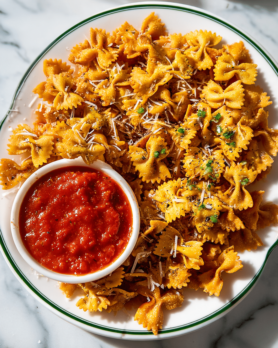 A white plate with a green rim is full of golden brown mini bowtie pasta, fried to a crispy texture. The pasta covers most of the plate and is sprinkled with small shreds of white cheese and specks of black pepper. Near the lower center edge of the plate, a small white bowl filled with chunky, bright red tomato sauce is placed, its smooth surface slightly shiny with visible tomato bits. The scene is set on a white marbled surface, with bright natural light highlighting the colors and textures. photo taken with an iphone --ar 4:5 --v 7