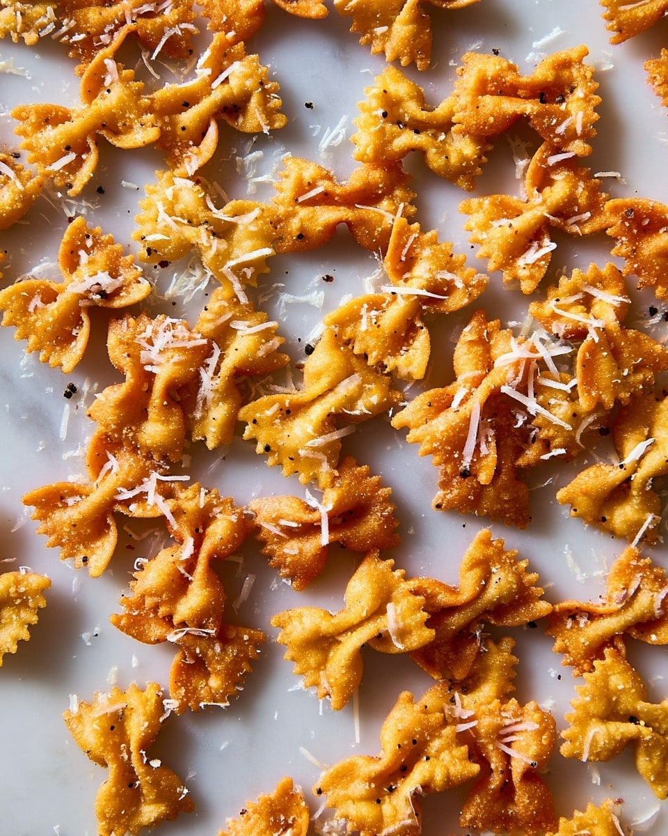 A close-up view of many small, crispy bow-tie pasta pieces scattered on a white marbled surface, each pasta piece golden brown with a rough texture. The pasta is sprinkled unevenly with thin, white shreds of cheese and small black specks of seasoning that add visual interest. The arrangement looks casual, filling the frame with no large gaps, showing off the crunchy texture and lightly uneven surfaces of the fried pasta. Photo taken with an iphone --ar 4:5 --v 7