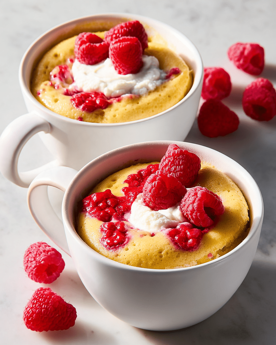 The image shows two white cups filled with a soft, light yellow cake layer that looks moist and fluffy. On the top layer, there are bright red raspberry pieces embedded, adding texture and color. In the center of each cup, there is a dollop of white cream with a few fresh whole raspberries placed on top. Around the cups on the white marbled surface, there are some loose fresh raspberries scattered for decoration. The light hits the cups softly, highlighting the natural colors and textures of the dessert, photo taken with an iphone --ar 4:5 --v 7