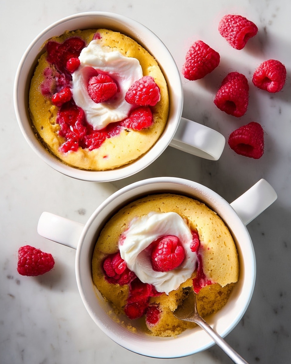 Three white mugs each hold a single-serving yellow cake with a soft texture. Each cake is topped with a dollop of white cream in the center, surrounded by bright red crushed raspberries spread unevenly across the top. Whole fresh raspberries are placed on the cream, adding three-dimensional detail and a contrasting red color. Some loose raspberries rest on a white marbled surface near the mugs. A spoon is partially inside one mug, breaking the cake to show its moist interior. The overall scene is bright and colorful, with smooth and textured elements in a simple and clean setting. photo taken with an iphone --ar 4:5 --v 7