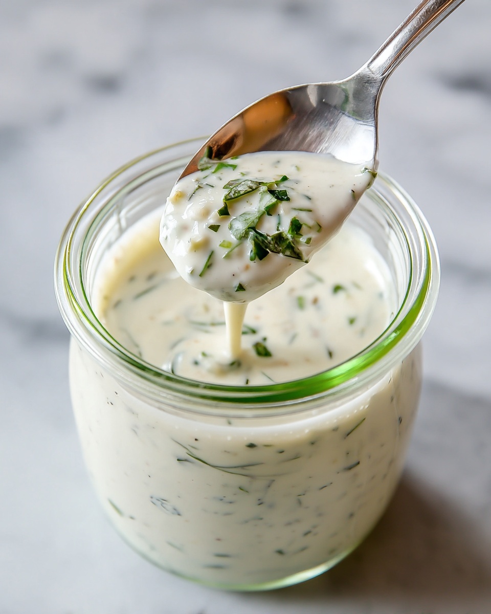 A close-up view of a clear glass jar filled with creamy white sauce speckled with small green herbs. A silver spoon is lifting a scoop of the thick sauce, showing its smooth texture with visible bits of herbs throughout. The jar is centered on a white marbled surface, highlighting the sauce's rich and slightly chunky consistency. photo taken with an iphone --ar 4:5 --v 7