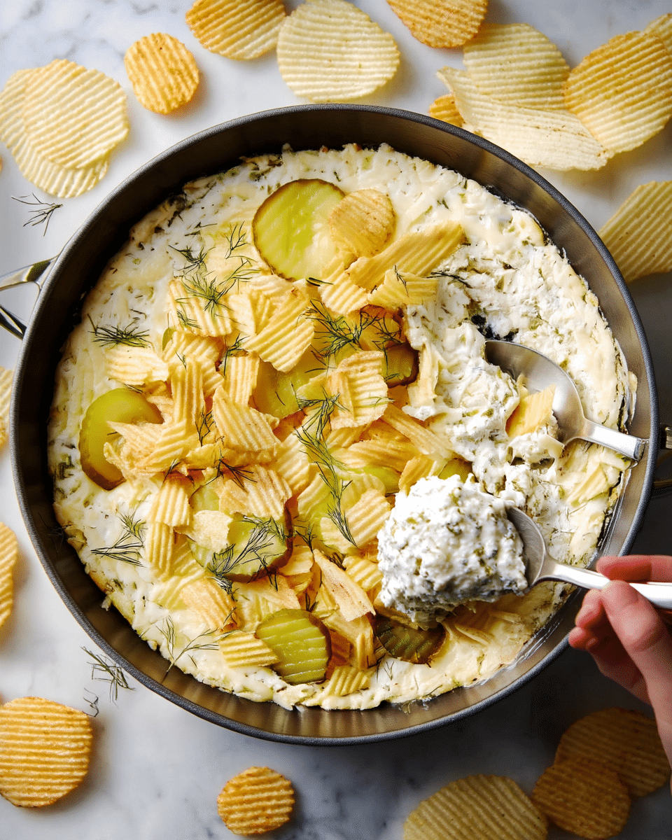 The dish is in a round black pan filled with a creamy white cheese dip that has a slightly chunky texture with herbs mixed in, covering the entire base as the first layer; on top, there are thin pale green pickle slices scattered mostly around the edges and center, adding contrast; the third layer consists of golden crinkle-cut potato chips spread over the pickle slices, giving a crunchy texture with some fresh green dill sprigs scattered over everything for color and freshness; a spoon is scooping some of the dip on the right side of the pan, revealing the creamy and soft consistency underneath; the background is a white marbled surface with more potato chips around the pan; photo taken with an iphone --ar 4:5 --v 7