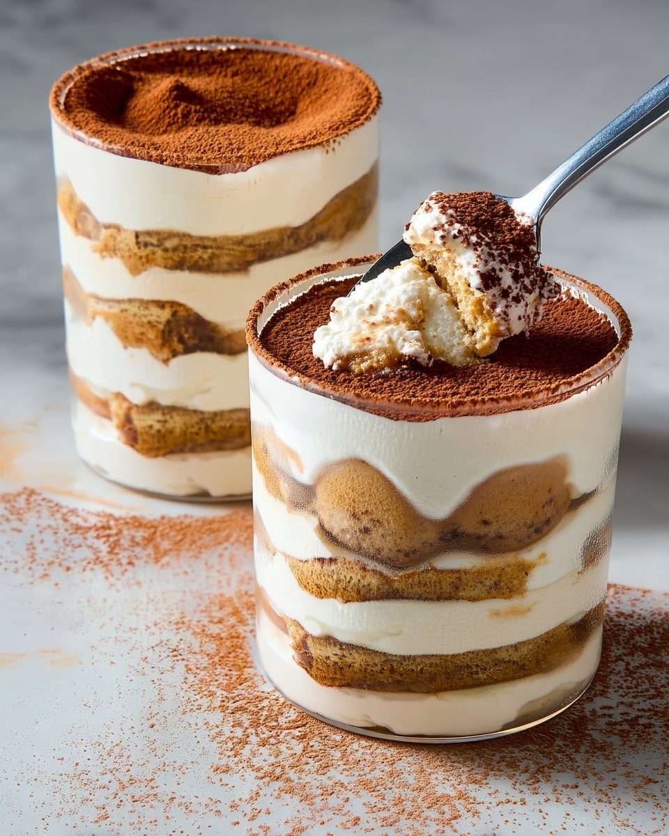 Two clear glass cups hold a layered dessert with three layers of light brown cake and four layers of creamy white filling. The top of each dessert is dusted with a fine layer of cocoa powder. One cup is in the background, whole, and the other is in the front with a spoon scooping out some of the creamy top layer, showing the soft texture inside. The cups are placed on a white marbled surface with cocoa powder lightly scattered around. Photo taken with an iphone --ar 4:5 --v 7