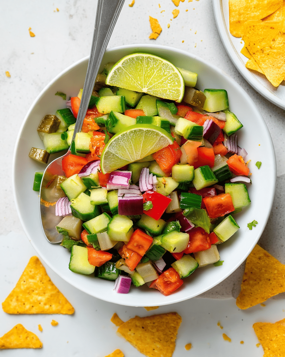 A white bowl filled with a freshly chopped salad consisting of vibrant green cucumber cubes, bright red bell pepper pieces, pale green pickle cubes, and purple-red onion chunks. Two lime wedges sit on top of the salad, adding a fresh green contrast. A silver spoon rests inside the bowl. Around the bowl on the white marbled surface, there are a few triangular yellow corn chips with some crumbs scattered near them. Part of another white plate with more yellow corn chips is visible at the side. Photo taken with an iphone --ar 4:5 --v 7