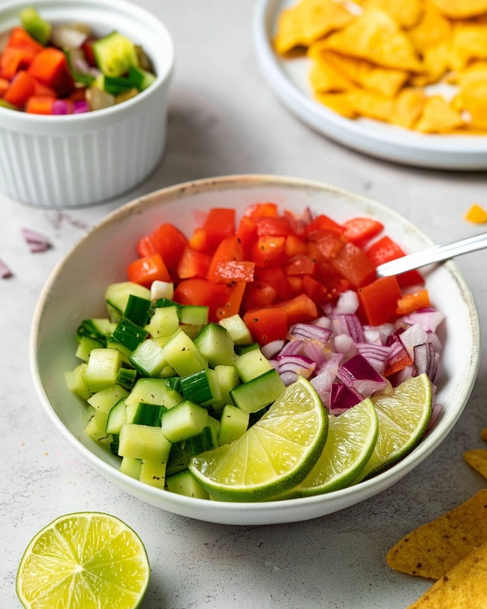 A white bowl filled with diced vegetables arranged in layers: at the bottom, red diced tomatoes, bright green cucumber cubes, and light green pickle pieces mixed with red and purple chopped onions; topped with two bright green lime slices placed on one side, adding freshness. In the background, there is a white bowl with similar diced vegetables and a white plate holding yellow tortilla chips, all set on a white marbled surface with a few broken chips scattered around. A silver spoon is partially visible inside the main bowl. Photo taken with an iphone --ar 4:5 --v 7