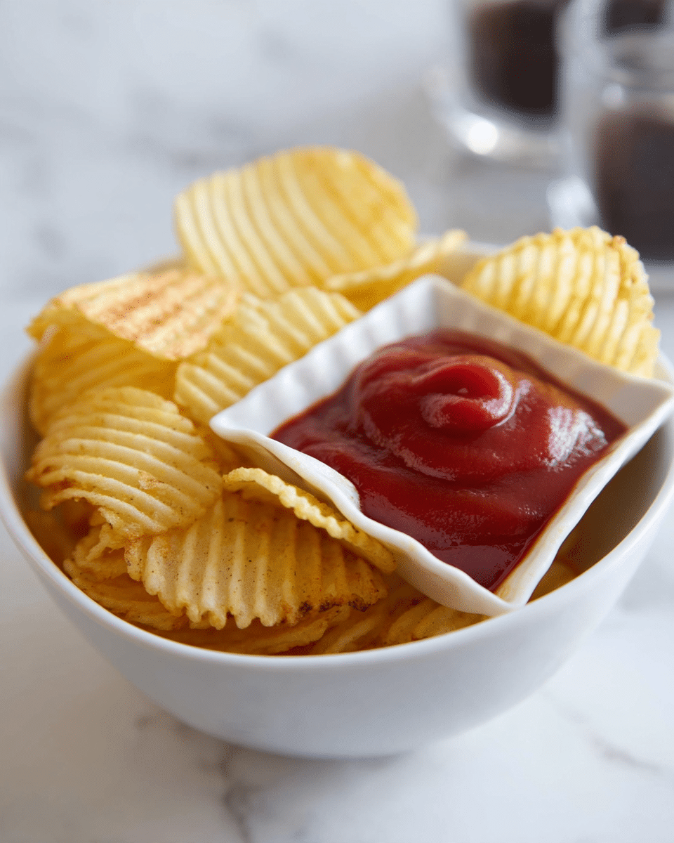 A white round bowl lined with white parchment paper holds a single layer of golden yellow ridged potato chips with a slightly crispy texture. Nestled among the chips is a small white square dish filled with smooth red ketchup, with a couple of potato chips partially dipped in it. The setup is on a white marbled surface, creating a clean and simple presentation. photo taken with an iphone --ar 4:5 --v 7