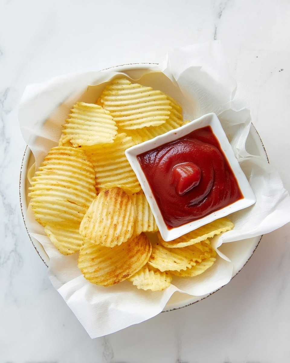 A white bowl filled with several wavy, golden-yellow ridged potato chips with a crispy texture sits on a white marbled surface. Inside the bowl, there is a white square dish containing a thick layer of smooth, deep red ketchup, partially topped with a few potato chips. The potato chips are unevenly stacked, showing their slightly curled edges and varying shades of golden yellow, suggesting crispiness. The background shows blurred dark objects adding contrast to the bright scene. photo taken with an iphone --ar 4:5 --v 7