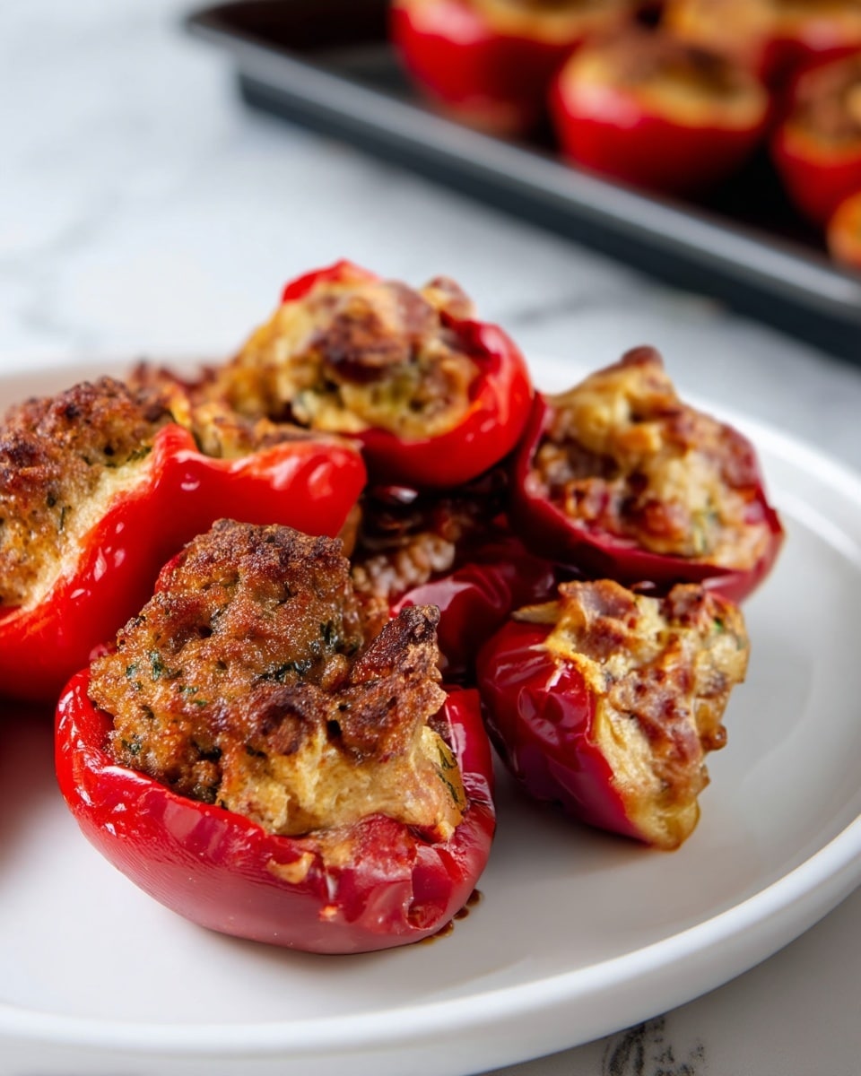 A white plate holds a stack of small red bell pepper halves filled with a golden brown meat mixture that is slightly crispy and textured on top. The stuffed peppers are tightly packed together, showing a contrast between the shiny, smooth red outer pepper shells and the uneven, browned filling that has bits of herbs and cooked meat. In the background, a black baking tray with a white marbled surface holds more stuffed peppers, blurred to keep the focus on the plate in the front. photo taken with an iphone --ar 4:5 --v 7