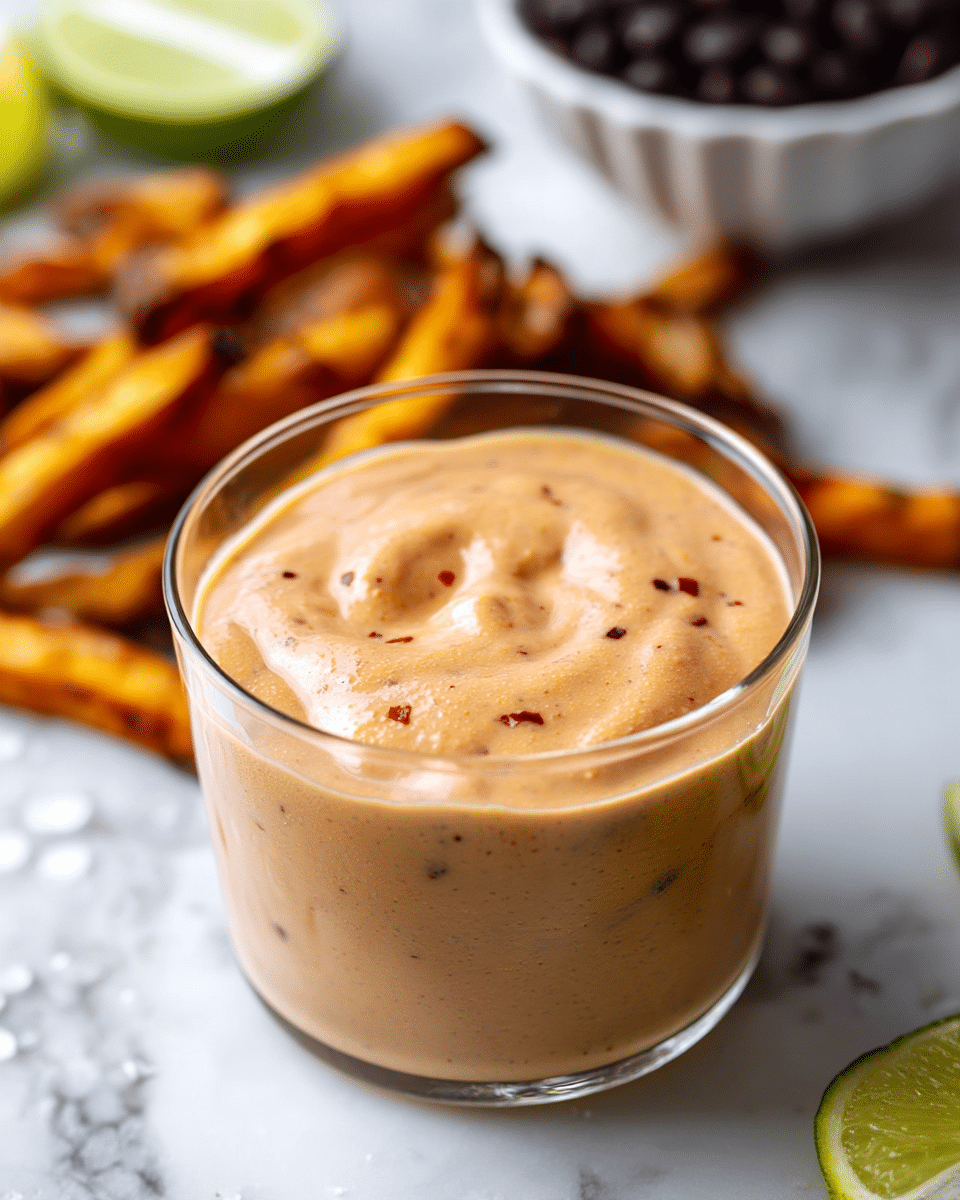 A clear glass container filled with a thick, creamy sauce that is light brown with small red specks spread evenly throughout; the sauce has a slightly textured surface with soft peaks and a smooth finish. In the background, scattered golden to dark brown potato fries rest on a white marbled surface, with some fries having uneven, rustic edges. A cut lime wedge with a pale green interior is faintly visible in the upper left, and a blurred white bowl with a pile of black beans sits further back on the right side. Photo taken with an iphone --ar 4:5 --v 7