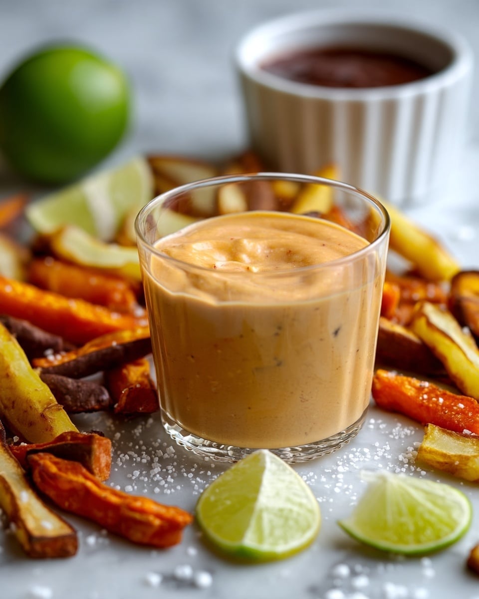 A clear glass cup is filled with a creamy, light orange sauce that has a smooth texture with a few small darker specks inside. Surrounding the cup are crispy vegetable fries in various colors and textures, including golden yellow, deep orange, and light brown, all scattered on a white marbled surface with a sprinkle of coarse salt. Behind the cup, there are wedge slices of bright green lime, and a white fluted bowl holding a dark brown condiment, slightly blurred in the background. The scene is softly lit with natural tones, focused on the sauce cup. Photo taken with an iphone --ar 4:5 --v 7