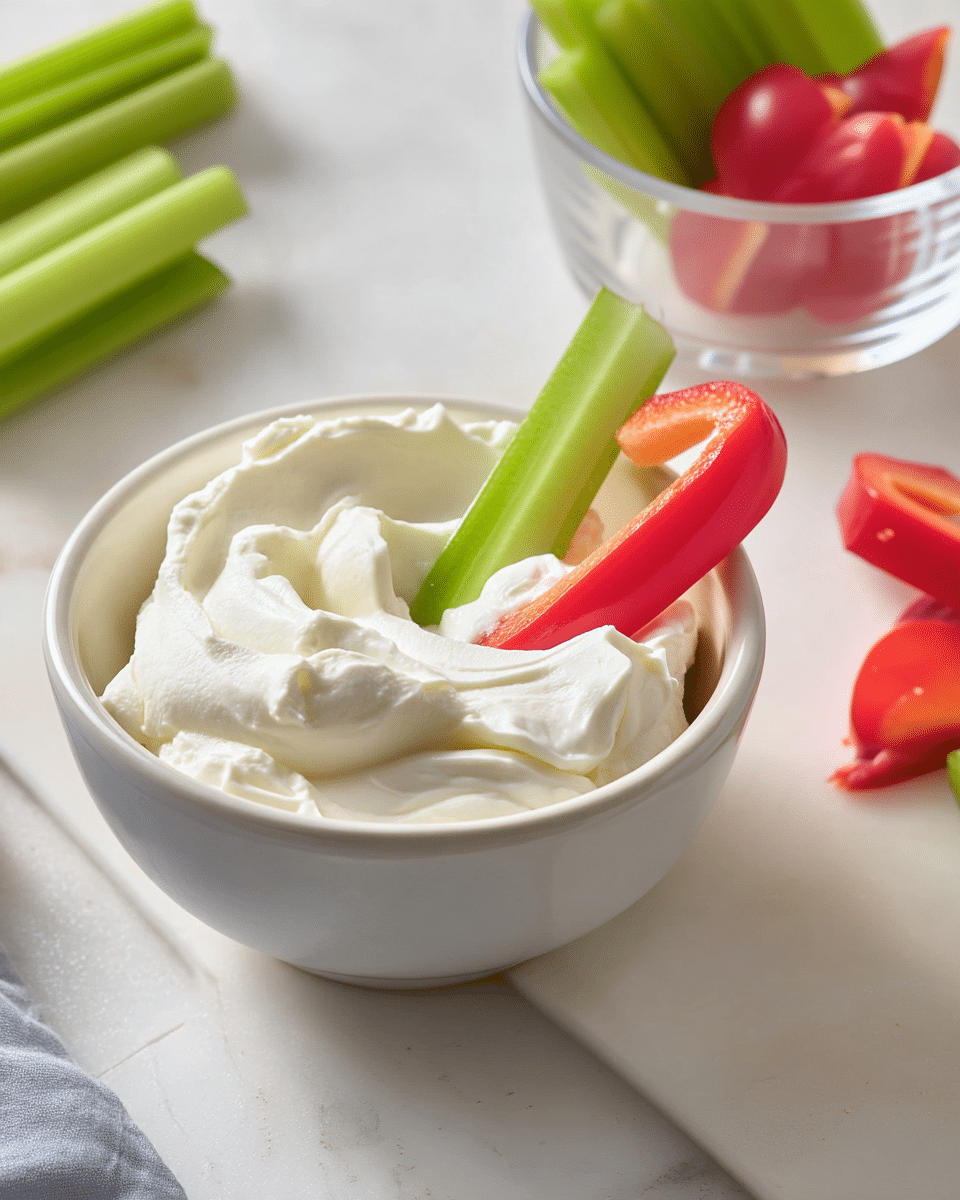 A small white bowl sits on a white marbled surface, filled with one thick, fluffy layer of smooth, white whipped cream. Two vegetable sticks, one bright green celery and one curved red bell pepper, rest partially dipped inside the whipped cream. Nearby on the surface are extra red bell pepper pieces and another small clear glass bowl with more red and green vegetable sticks visible inside. The scene is clean and bright with soft natural light. photo taken with an iphone --ar 4:5 --v 7