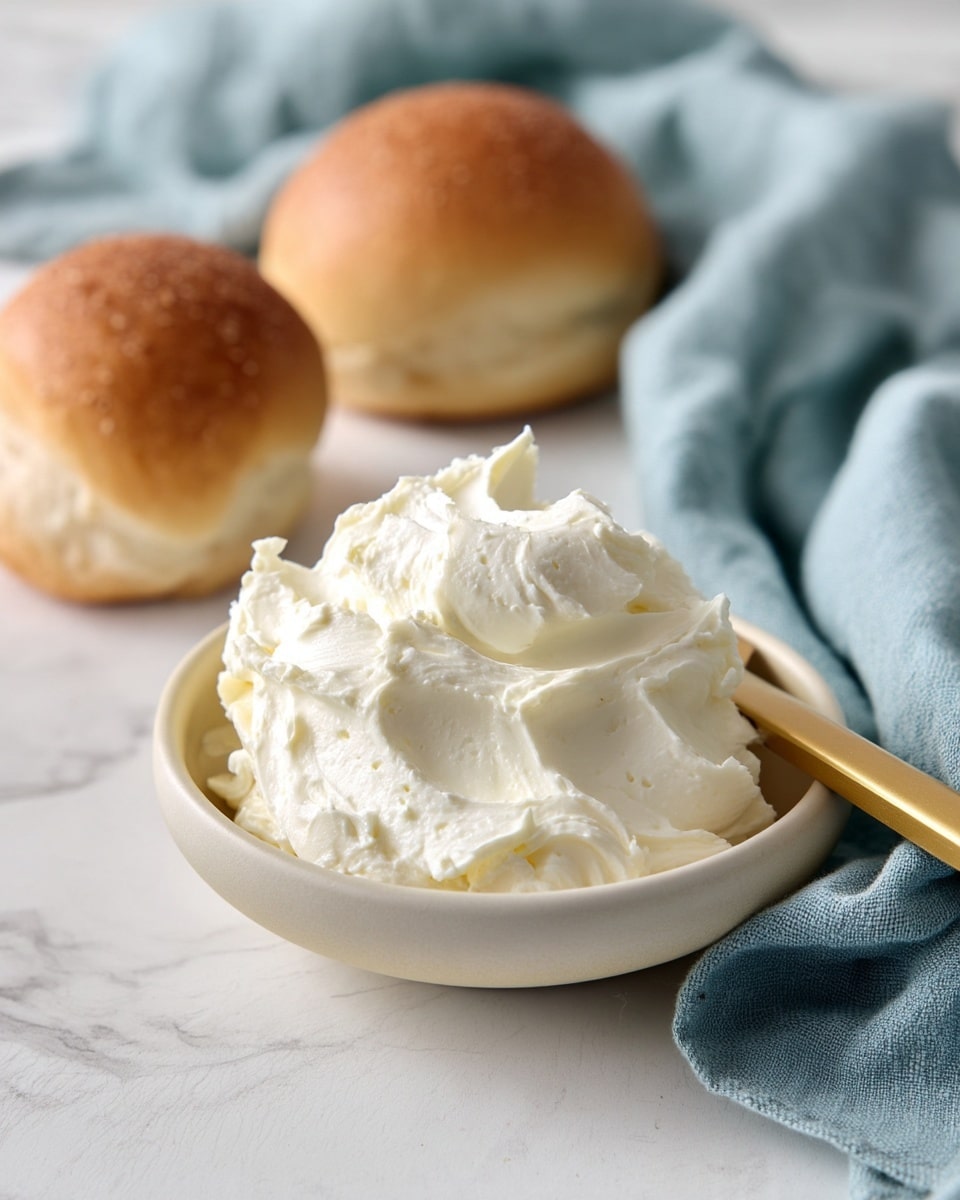 A small mound of thick, creamy white spread fills a single layer in a shallow white bowl, with soft peaks and gentle folds creating a textured surface. Resting horizontally on the bowl's rim is a gold knife with a smooth, shiny finish, slightly touching the cream. In the blurred background, two round bread rolls sit close together on a white marbled surface, and a crumpled light blue cloth lies off to the right side. The overall color palette is soft and neutral with a clean, fresh look. photo taken with an iphone --ar 4:5 --v 7