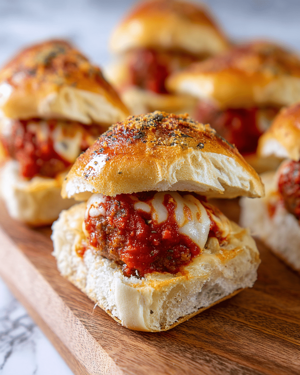 The image shows a close-up of a small sandwich on a wooden board with a white marbled background. The sandwich has three main layers: the top layer is a golden-brown bread roll sprinkled with herbs and spices, the middle layer is a meatball covered in bright red tomato sauce with melted white cheese on top, and the bottom layer is a soft, light-colored bread roll. Several similar sandwiches are visible blurred in the background. photo taken with an iphone --ar 4:5 --v 7