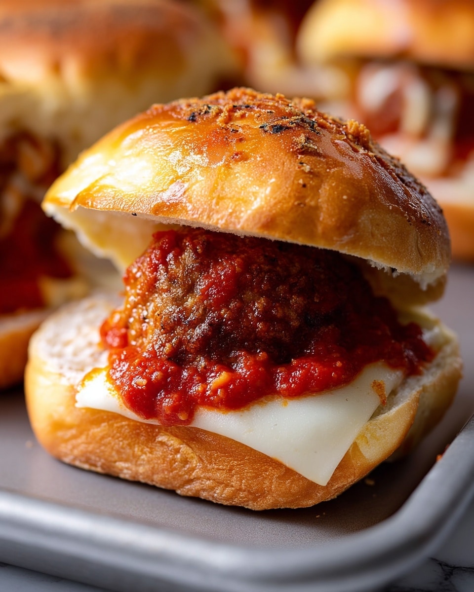 A close-up of a meatball sandwich showing one meatball covered in thick red marinara sauce and melted white cheese as the bottom layer. This sits on the soft, light golden bottom half of a bun with a slightly textured surface. The top half of the bun is a puffy, golden brown bread sprinkled with a crispy, crumbly topping that is slightly darker. The sandwich is on a cooking tray with a white marbled texture visible in the background. photo taken with an iphone --ar 4:5 --v 7